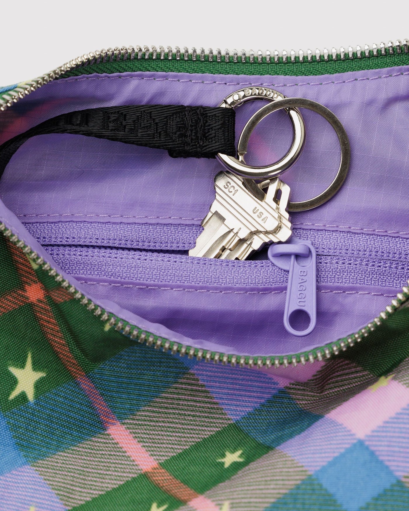 Small Nylon Crescent Bag - Green Star Plaid