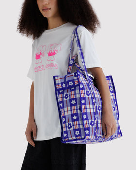 Large Nylon Market Bag - Market Plaid Blue - Everyday Pick